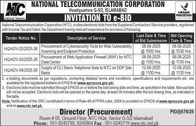 National Telecommunication Corporation Islamabad Tender Notice